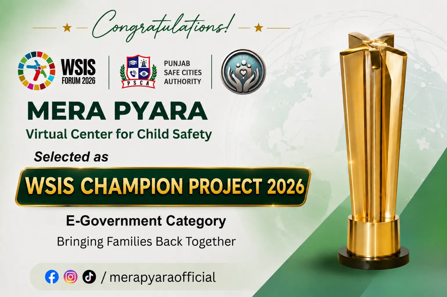 Mera Pyara Virtual Center for Child Safety wins WSIS Champion Project 2026 award in E-Government category, Punjab Safe Cities Authority